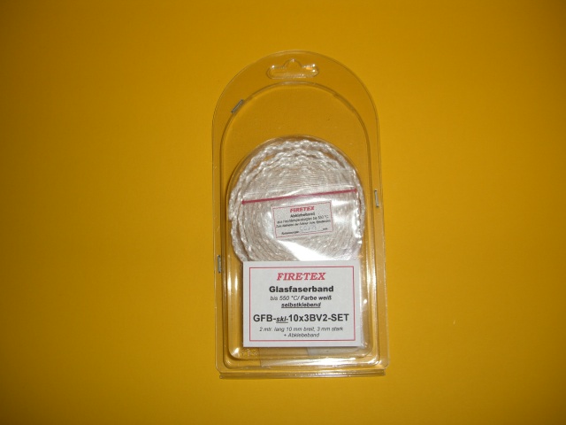 FIRETEX Glasfaserband,  GFB-skl-10x3-BV2-Set, selbstklebend, 10x3 mm, Länge 2 m + Abklebeband,