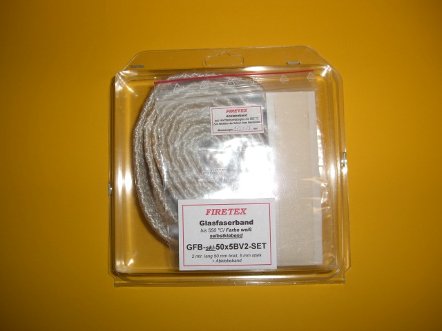 FIRETEX Glasfaserband,  GFB-skl-50x5-BV2-Set, selbstklebend, 50x5 mm, Länge 2 m + Abklebeband,